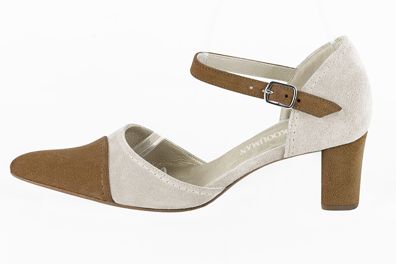 Caramel brown and off white women's open side shoes, with an instep strap. Tapered toe. Medium block heels. Profile view - Florence KOOIJMAN